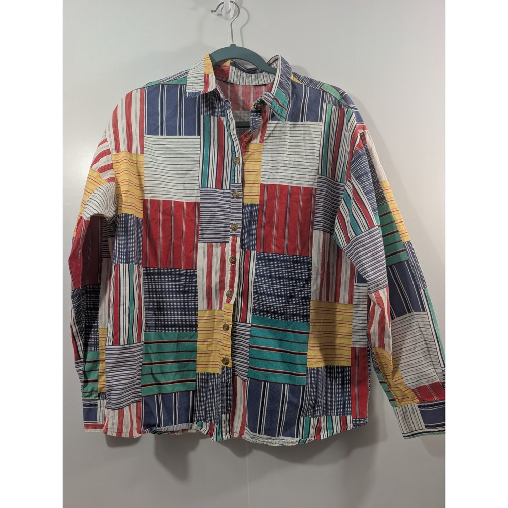 Vintage 90s Bushwacker Patchwork Button Up Shirt Colorblock Grandpa Boho Women M